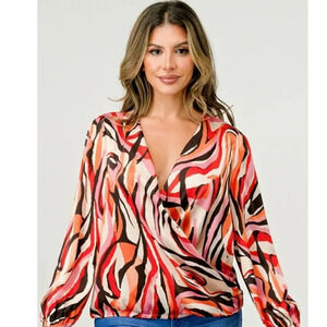 MILEY+MOLLY Surplice front long sleeve loose fit blouse top. Red/pink. MED
